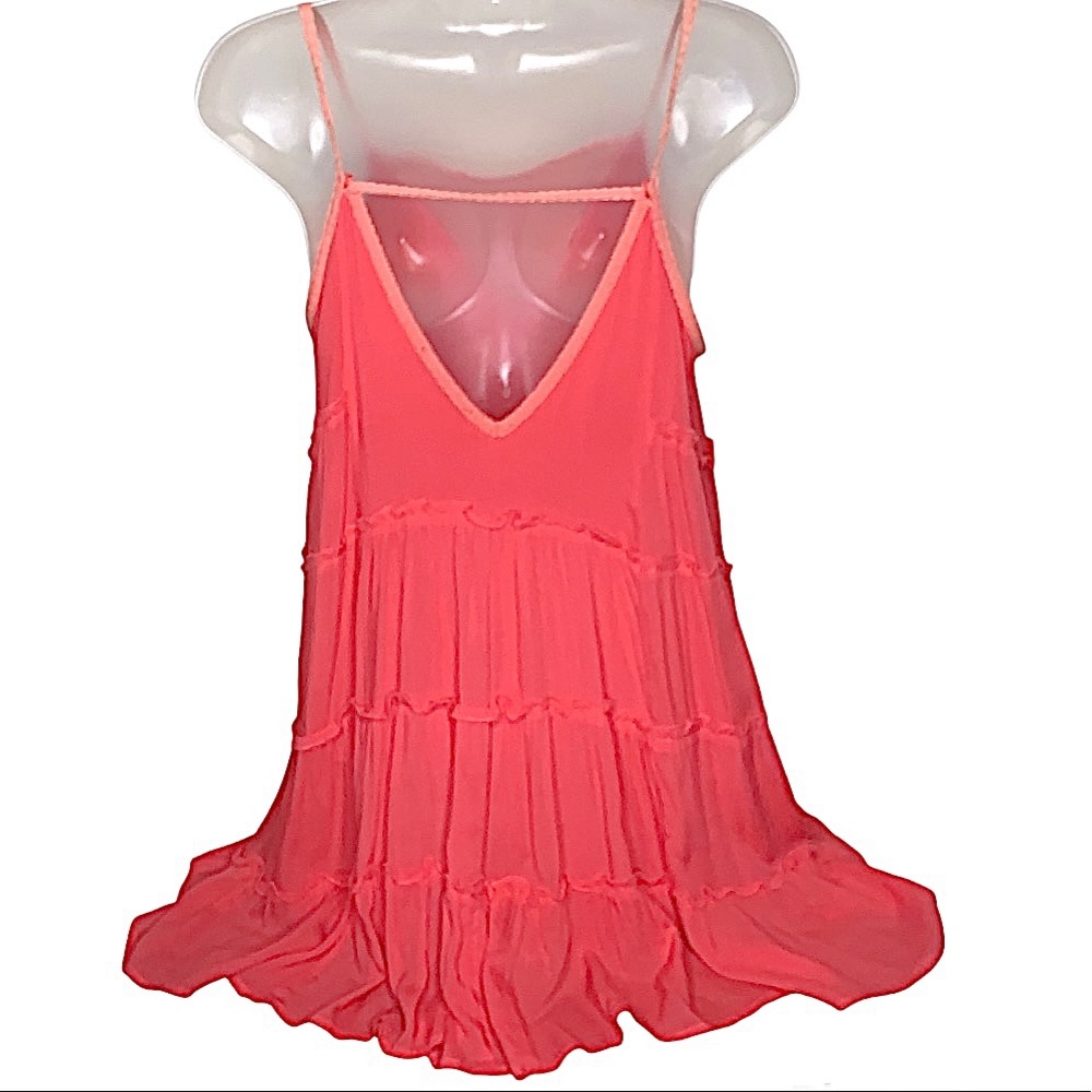 Maddy K Embroidered Lace Mesh Tiered Ruffle Mini Tunic Dress Coral Boho Beach - Picture 4 of 16